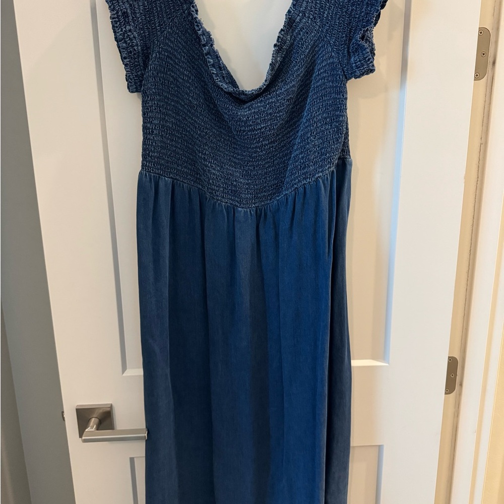 Off the Shoulder Denim Smocked Dress